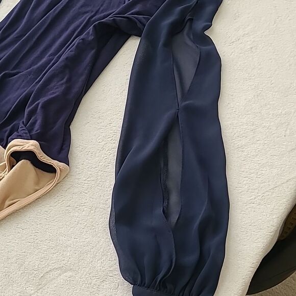 Boston Proper Navy Blue Wrap Bodysuit Long Sleeve Open Puff Sleeves XS Chiffon - Picture 4 of 6